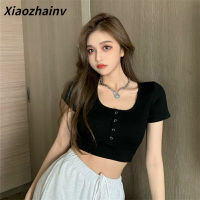 Xiaozhainv สีดำเซ็กซี่สแควร์คอแขนสั้นเสื้อยืดเอวสูงสบายๆพืชยอดนิยมสำหรับผู้หญิง