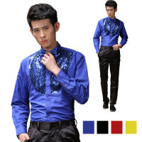 Elegant Latin Dance Tops for Male Black White Blue Cotton Shirt Men Ballroom Competitive Wedding Party Tops Wears