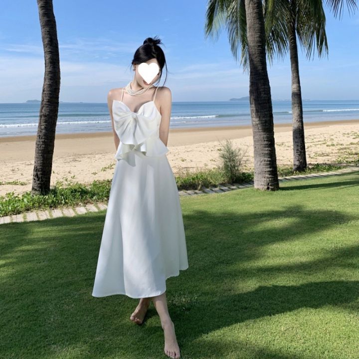 the-seaside-resort-v-neck-bowknot-shape-the-new-spring-and-summer-skirt-with-shoulder-straps-female-long-dress-in-the-white-word