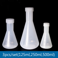 3ชิ้นเซ็ตขวดพลาสติกทรงกรวยพร้อมฝาเกลียวทนต่ออุณหภูมิสูง Erlenmeyer Flask อุปกรณ์ห้องปฏิบัติการ