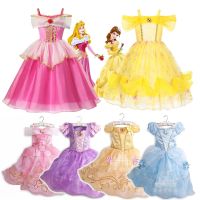 Party Belle Dress for Girls Child Yellow Lace Embroidery Flower Dresses Beauty and the Beast Halloween Girl Princess Costume