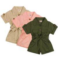 （Good baby store） FOCUSNORM Fashion Summer Kids Girls Jumpsuits 0 5Y 3 Colors Solid Short Sleeve Turn Down Collar Pocket Rompers With Belt