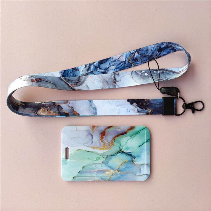 hot-dt-marble-pattern-lanyard-id-badge-card-holder-office-worker-cardholder-cover-credit-protector