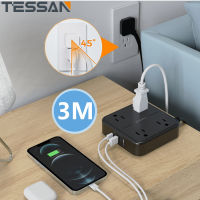 3M Flat Extension Cord with Type + USB, TESSAN Ultra Thin Power Strip Under Carpet with 3 USB Wall Charger(1 USB C Port), 4 Outlets Slim Desk Charging Station Compact for Cruise Ship, Dorm Room Essentials