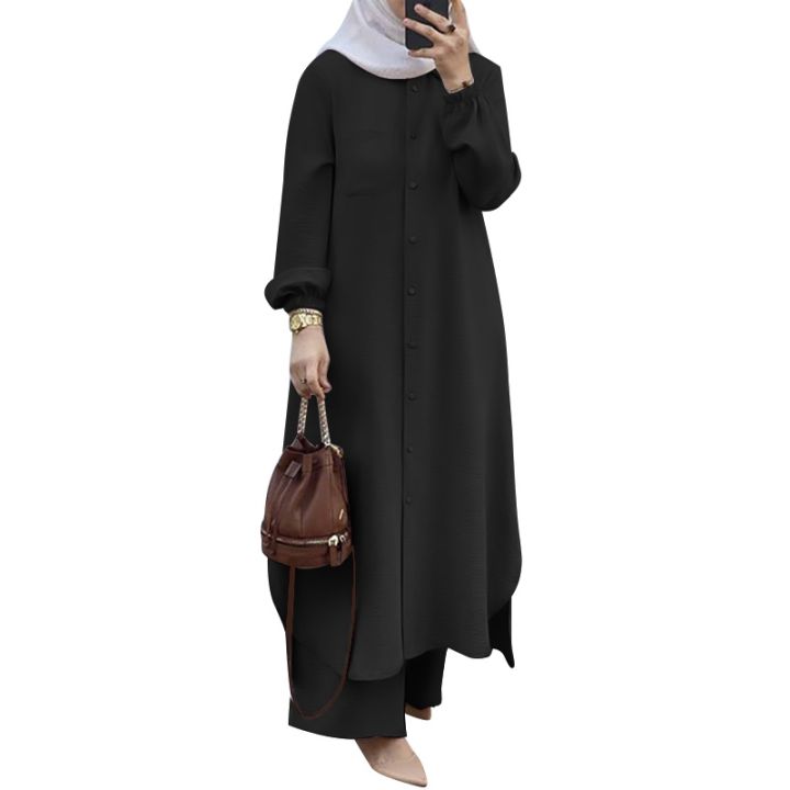 zanzea-ผู้หญิง-มุสลิม-ลําลอง-หลวม-เสื้อเชิ้ตแขนยาว-ชุดเสื้อ-กางเกงขายาว-ชุด