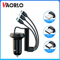 VAORLO 3 In 1 Car Charger 18W Dual USB Charger Adapter 12V 24V Fast Charger 3สาย Type C/micro Usb/lightning สายชาร์จ