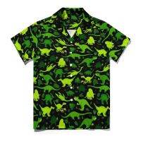 Tiny ไดโนเสาร์สีเขียวหลวมเสื้อ Beach Jungle Leaves พิมพ์เสื้อลำลองฮาวายออกแบบแขนสั้นแนวโน้มเสื้อขนาดใหญ่