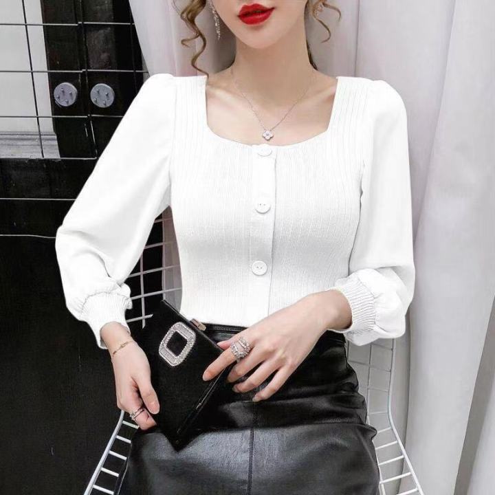 White Women Blouse 2022 Summer Loose Tops Square Collar Puff Sleeves ...