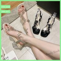 【Ready Stock】 ∈◄ C40 (With box)Sandals Fairy Style Summer New Roman Elastic Band Rhinestone Flower Transparent Chunky Heel Crystal High Heels