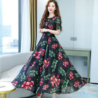 2022 Summer Beach Boho Maxi Dress for ashion Chiffon Floral Print Long Dress New Short-sleeved Casual Loose Party Dresses