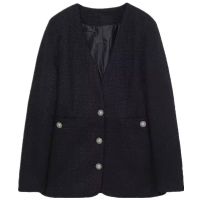 European and American style 22 autumn womens clothing simple small fragrance V-neck black texture suit jacket 08542182800