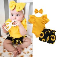 0-24months Baby Girl  3pcs Clothes Set Yellow Ruffled Romper + Sunflower Print Shorts + Bow Headband Infant Girls Summer Suits  by Hs2023