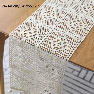 Vintage Macrame Table Runner ผ้าฝ้ายโครเชต์ Turbans สไตล์ตาราง Runner พร้อมพู่คริสต์มาสงานแต่งงานตกแต่งห้องรับประทานอาหาร24X140cm