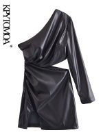 KPYTOMOA Women Sexy Fashion Hollow Out Faux Leather Mini Dress Vintage Long Sleeve Asymmetric Female Dresses Vestidos Mujer