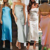 ☼ BIGMALL-Women Off Shoulder Long Dress Solid Color Backless Elastic Strap Silk Surface Elegant Gown