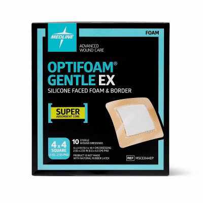 Medline Optifoam Gentle EX Bordered Foam Adhesive Dressing, 4" x 4" Square (10 Count) 4" X 4" Box Adhesive Dressing