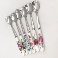 1 pcs Chinese Flower Pattern Stainless Steel Coffee Spoon Ceramic Handle Teaspoon Ice Cream Desert Spoon Stirring Soup tableware Serving Utensils