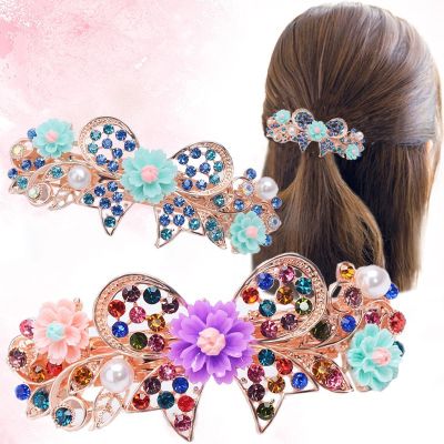 Korean Style Bowknot Colored Diamond Hairpin Shell Flower Pearl Spring Clip Bridal Wedding Top Clip Hair Accessory Princess Headdress