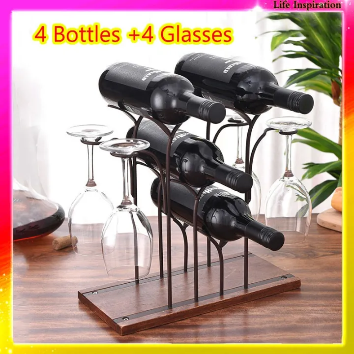 Rack Stemware Holder Holds 4 Bottle and 4 Glasses Freestanding