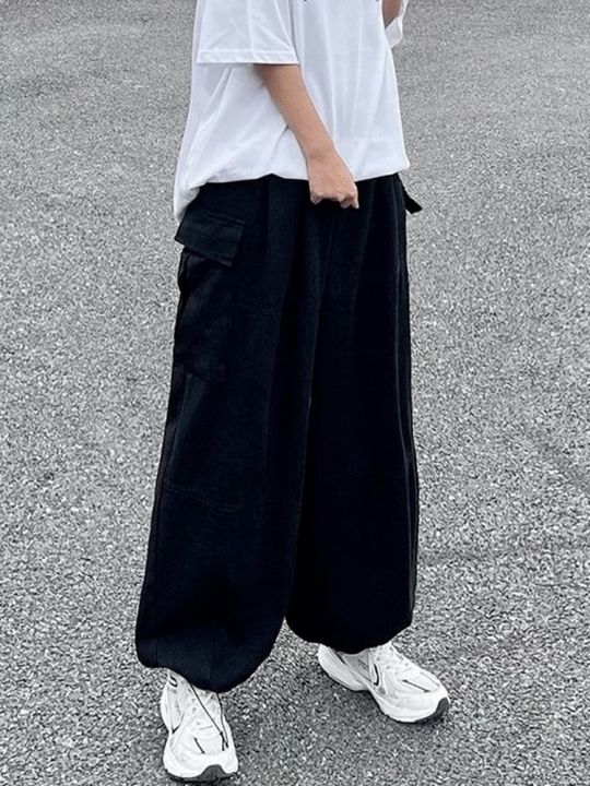กางเกงขากว้างฮิปฮอปดำกระเป๋าผู้หญิง-เครื่องแต่งกายแนวสตรีทฮาราจูกุกางเกงผู้หญิงคาร์โก้สีกากีทรงโอเวอร์ไซส์-mode-korea