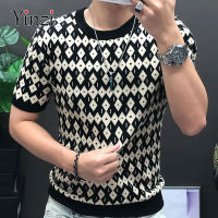 Diamond Check Contrast เสื้อยืดถักความยืดหยุ่นสูงแขนสั้น Slim Bottomed Tshirt ผู้ชายคุณภาพสูง Streetwear ถัก Top