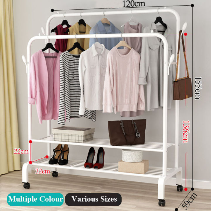 double-pole-coat-rack-floor-standing-clothes-hanger-storage-drying-balcony-cloth-drying-shelf-shoes-rack-clothes-horse-furniture