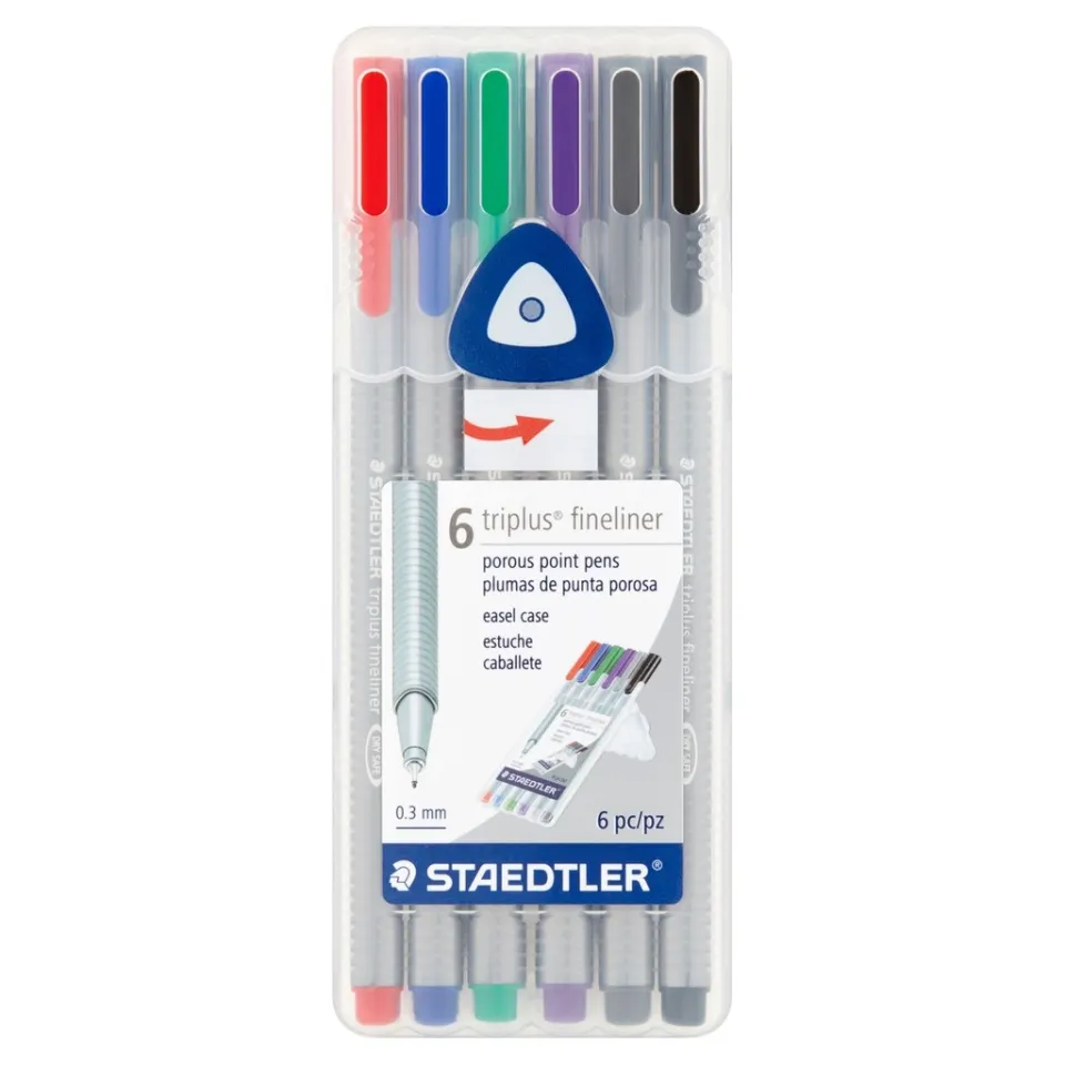 Staedtler TriPlus Fineliner Stick Porous Point Pen, 0.3mm, Assorted Ink, Silver Barrel, 6/Set