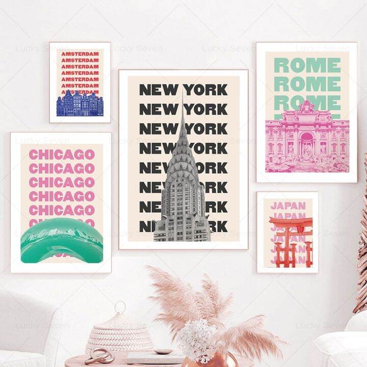 trendy-travel-print-chicago-new-york-ซานฟรานซิสโกลอนดอนปารีสโรมญี่ปุ่นอัมสเตอร์ดัมเบอร์ลินอียิปต์-miami-canvas-ตกแต่งห้องโปสเตอร์