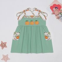 2023 Halloween 1-8T Outfits Toddler Baby Girl Clothes Set 2pcs Suit Pumpkin Embroidered Bodysuit Short Sleeve Pocket Casual Wear