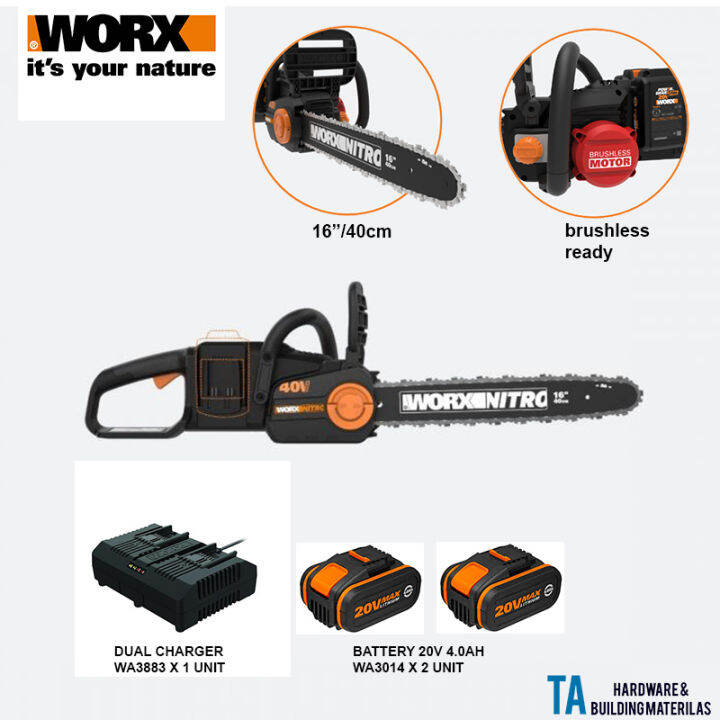 WORX WG385E BRUSHLESS LITHIUM-ION CORDLESS CHAIN SAW 20V X 2 40V MAX ...