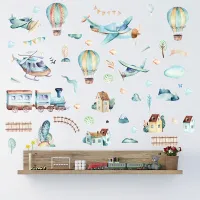 Hand Paint Watercolor Cartoon Airplane Train Wall Stickers Hot Air Balloon Stickers for Kids Room Nursery Decoration Wall Decals Balloons