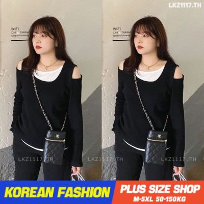 Plus size เสื้อผ้าสาวอวบ❤ เสื้อยืดสาวอวบอ้วน ไซส์ใหญ่ ผู้หญิง เสื้อยืดปาดไหล่ ทรงหลวม แขนยาว คอกลม สีดำ ฤดูร้อน สไตล์เกาหลีแฟชั่น V728