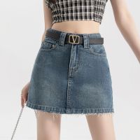 □﹉► Retro hot girl slim denim skirt women 2023 spring and summer a-line raw edge culottes anti-skid skirt real shot spot