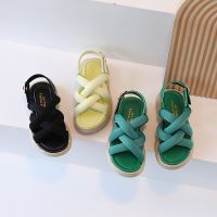 2022 New Macaron Color Beach Shoes for Kids Girls Cross-tied Flat Sandals Gladiator Boys Shoes Slides Soft Thick Bottom F04171