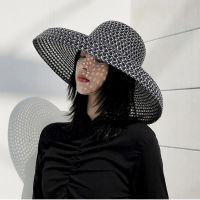 Fashion Black And White Hollowed-out Flat Top Straw Hat Female Beach Hat Seaside Holiday British Hat Sunshade Travel Tide Hat