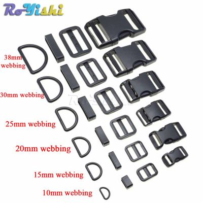 1 set 10mm 15mm 20mm 25mm 30mm 38mm Plastic Slider Adjustable D Rings Belt Loop Curved Side Release Buckles For Paracord Cable Management