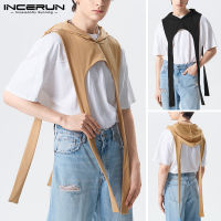 Beehoo INCERUN เสื้อกั๊กลำลองสำหรับผู้ชาย,เสื้อกั๊กลำลองสีทึบแบบไม่สม่ำเสมอสำหรับใส่เล่นกีฬาเสื้อฮู้ด (สไตล์ตะวันตก)