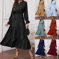 ฤดูหนาว ruffles Big Swing Maxi ชุดผู้หญิงยืดหยุ่นเอวคอ Lady Office VINTAGE sundress streetwear Robe