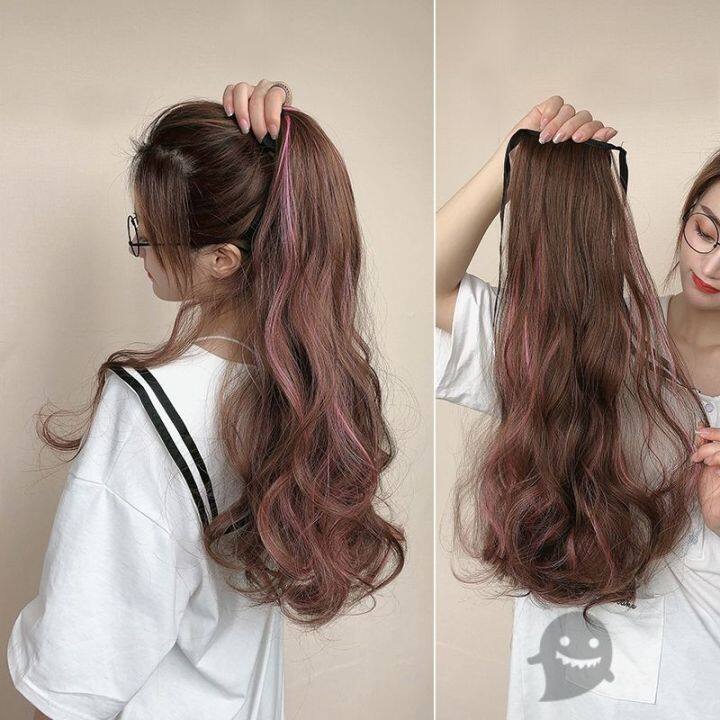 Long curly hair long ponytail female big wavy curly wig Natural strap-on  highlighting | Lazada