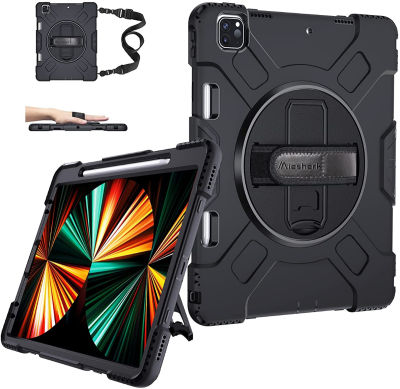 Miesherk STOCK iPad Pro 12.9 Case 2021 5th Generation: Military Grade Shockproof Silicone Protective Cover for iPad 12.9 Inch 5th Gen w/Pencil Holder Stand - Handle - Shoulder Strap Black iPad Pro 12.9 2021 5th/2020 4th/2018 3rd Gen Black+Black
