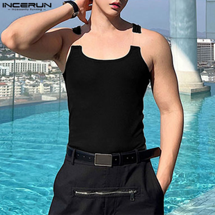 incerun-เสื้อกล้ามผู้ชายแขนกุดรัดรูปยืดได้-เสื้อกล้ามสายรัดแฟชั่นลำลองธรรมดาถอดง่ายเสื้อซ่อน-สไตล์เกาหลี
