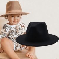 New British Style Winter Child Wool Solid Classic Fedoras Cap Boy Girls Panama Jazz Hat Big Wide Brim Big Black Fedoras 52-54CM