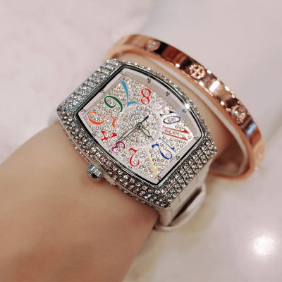 นาฬิกาแฟชั่นผู้หญิง2023ใหม่ยิปโซวินเทจเข็มขัดหนังจริงเรือยอชท์เพชรทรงถังริชาร์ดนาฬิกาผู้หญิงนักเรียน