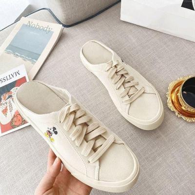 □☾✖ Half Slippers Female Spring Outer Wear Fashion Versatile Mickey Mouse Influencer Lazy Canvas Shoes Students Casual Trendy