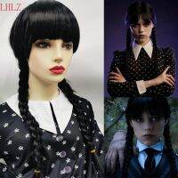 ภาพยนตร์วันพุธ Addams ฮาโลวีนปาร์ตี้คอสเพลย์ผู้หญิงสาวยาววิกผมสีดำเรียบทนความร้อนสังเคราะห์ถักวิกผม ~