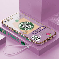 เคสเคสมือถือสำหรับ iPhone 7 Plus 7 + / iPhone 8พลัส8 + พร้อมฟรีสายคล้อง + แฟชั่น Starbucks โลโก้ขอบสี่เหลี่ยมชุบเคลือบฝาหลังนิ่ม