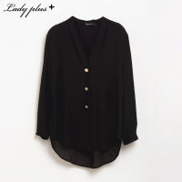 Lady Plus เสื้อคอวีแขนยาวแต่งกระดุม | Long Sleeve Blouse with V-Neck and Buttons เสื้อทำงานแขนยาว สีดำ