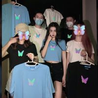 Joanna M❤️Women Crop Top Couple T-Shirt Shining Butterfly Pattern y Kawaii Shirts Korean Shirt Short Sleeve Clothing 蝴蝶衣服露肚臍衣短款上衣女韓版情侶裝ins