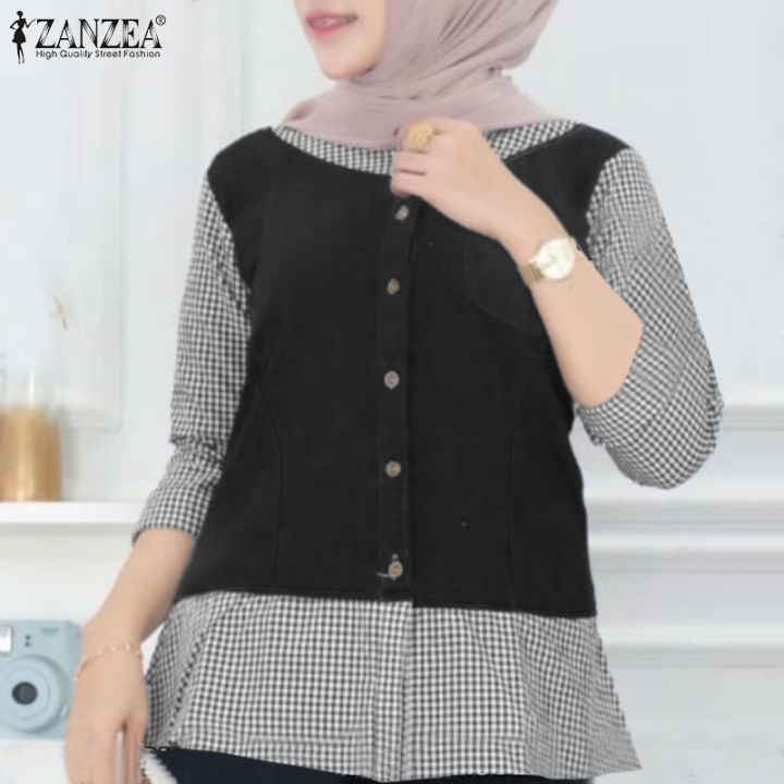 สินค้ามาใหม่-จัดส่งฟรี-fancystyle-zanzea-มุสลิมผู้หญิงมุสลิมเย็บลายตารางเสื้อเชิ้ตผ้าเดนิมเปิดลง-ปกเสื้อ