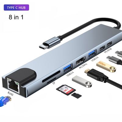 USB 8-IN-1 3.0ชนิด C Hub To HDMI-Compatible 4K USB C Hub กับ Hub 3.0 TF ช่องตัวอ่าน SD RJ45 PD สำหรับ MacBook Pro/air/Huawei Mate Feona